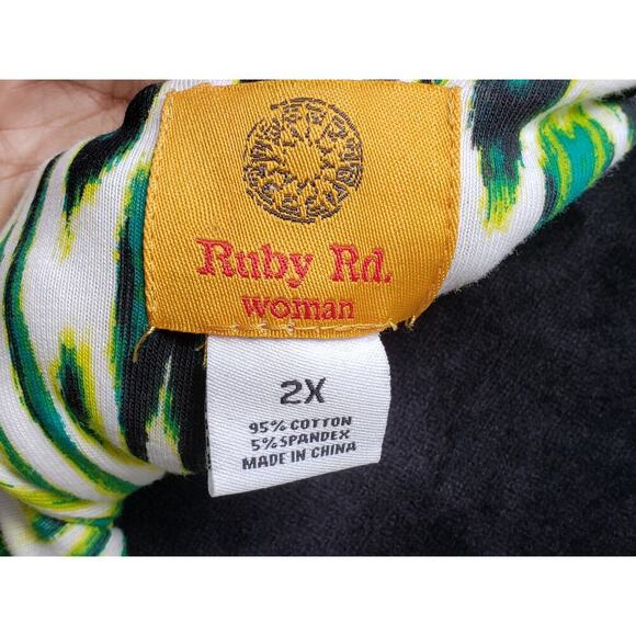 Ruby Rd. Blouse Top Womens 2X Green Printed Beaded V Neck Long Sleeve Pullover - Picture 3 of 12